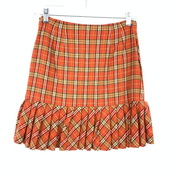 VTG 90s LOFT Mini Skirt Womens Size 25" US 0P Orange Plaid Wool Blend Ruffle Hem - Picture 2 of 5